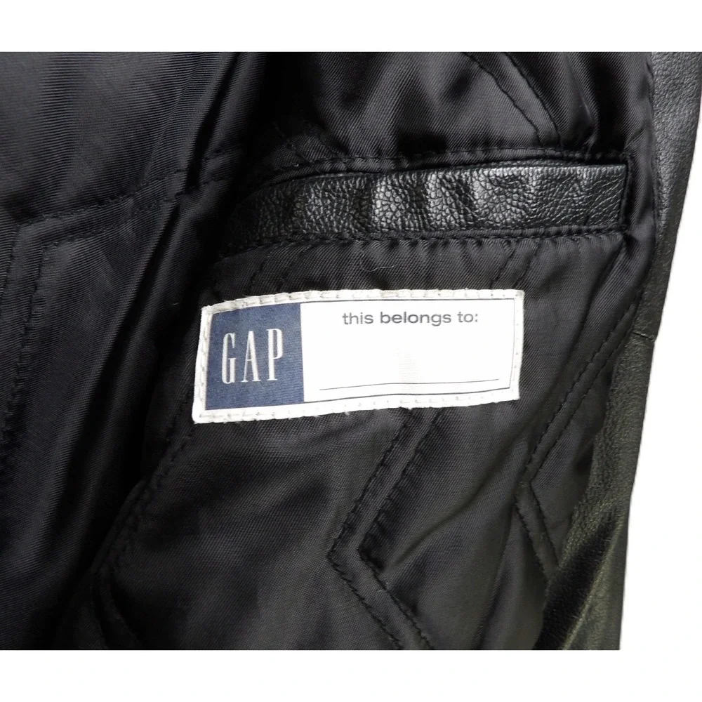 VTG Y2K Gap Black Leather Full Zipper Bomber Jacket Youth Boys M 7-8 Retro Biker